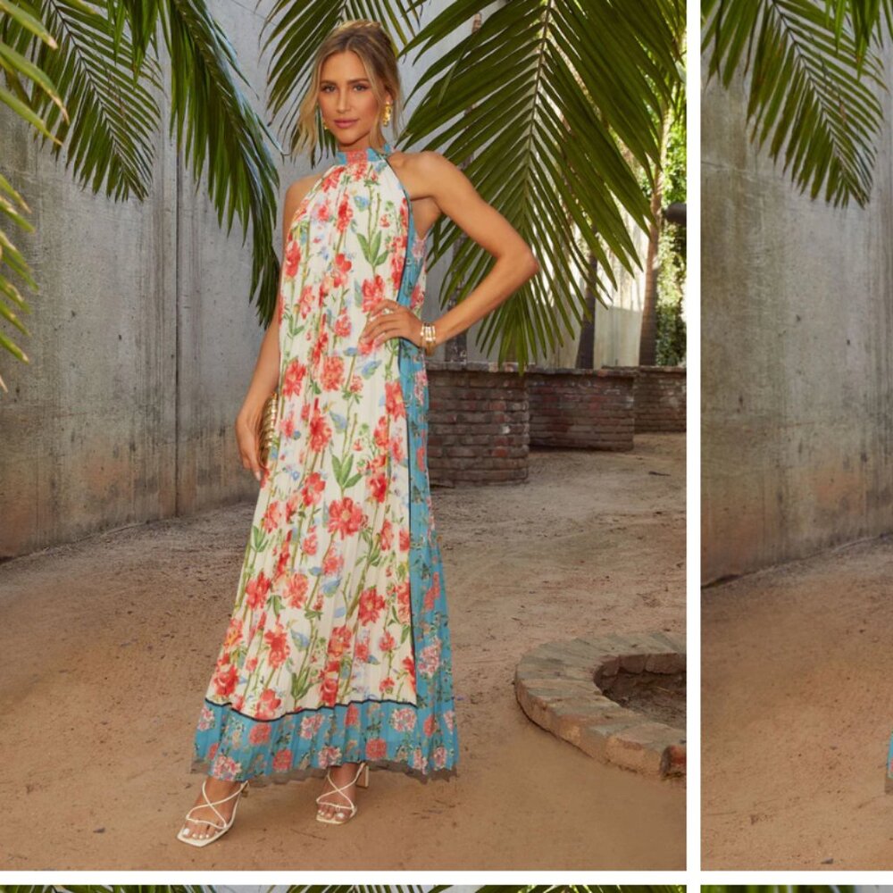 Vaughn Floral Pleated Halter Maxi Dress